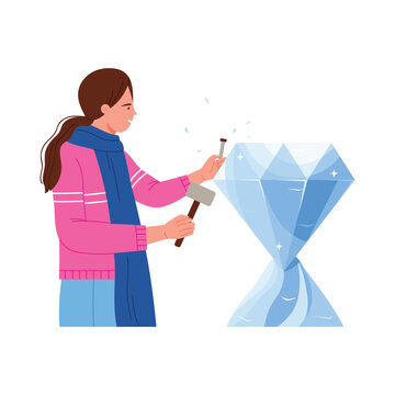 Girl sculptor with chisel making diamond from block of ice at winter workshop vector illustration