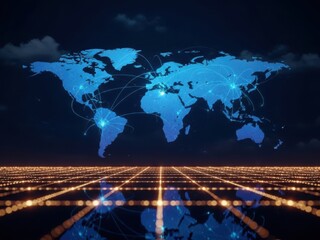 A glowing blue world map with connections and city lights on a dark background with a grid pattern