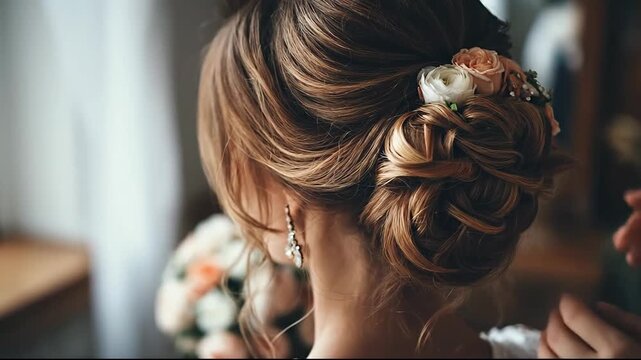 Close-up of a bride getting her hair styled with flowers for her wedding day.