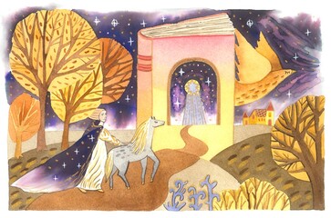 Watercolor illustration, an angel and his horse are going to a magical land.