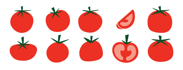Flat tomato icons set, red tomato illustrations with green stems, fresh food elements