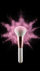 Fluffy Makeup Brush with Pink Powder Explosion in Frozen Motion on Black Background - Beauty and Cosmetics Concept with Copy Space