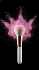 Fluffy Makeup Brush with Pink Powder Explosion in Frozen Motion - Beauty and Cosmetics Concept on Black Background