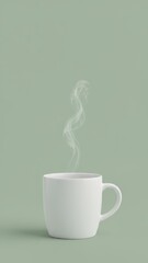 Serene White Ceramic Coffee Mug on Sage Green Background with Delicate Steam Swirl - Photorealistic 8k Ecommerce Still Life