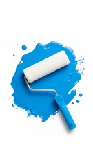 Fresh Paint Roller on Blue Splash - Home Renovation Concept in Photorealistic Style, Top-Down View