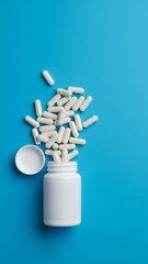 Clean Pharmaceutical Concept: Spilled White Capsules from Pill Bottle on Blue Surface with Copy Space