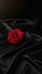 Lush Red Rose on Black Silk - Romantic Luxury Ecommerce Image with Soft Lighting and Copy Space | Photorealistic 8K Stock Photo
