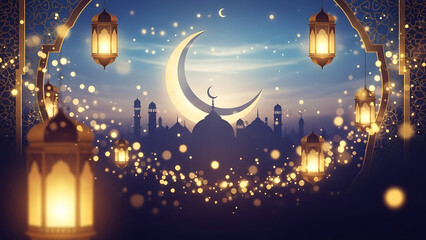 Ramadan kareem mosque dome crescent moon lanterns