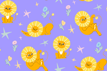 Bright yellow lions on a shimmering purple seamless pattern among flowers and stars