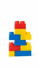 Vivid Toy Building Blocks Tower on White Background in Photorealistic Style | Colorful Interlocked Bricks in Bright Playroom Lighting