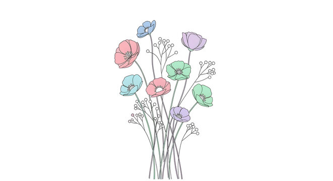 A delicate and minimalist vector illustration showcasing a beautiful bouquet of pastel-colored flowers, ideal for adding a soft, natural, and elegant touch to creative design projects