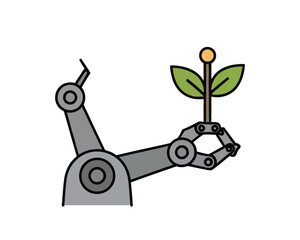 Robotic arm nurturing a small plant, symbolizing growth, innovation, and sustainable technology
