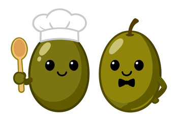 Cute cartoon olives characters set with chef hat and bow tie illustrating delicious healthy cooking and eating