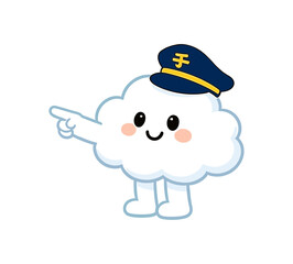 Cute cartoon cloud character wearing a conductor or officer hat pointing finger isolated on white background