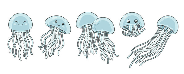 Cute cartoon jellyfish characters collection swimming underwater marine life illustration isolated on white background © 张锋