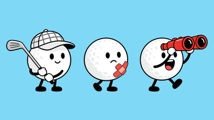 Funny cartoon golf ball characters set with emotional expressions including happy, hurt, and searching with binoculars