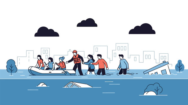 Conceptual illustration Flood disaster emergency, people rescued from rising waters in a submerged city, highlighting community aid and resilience