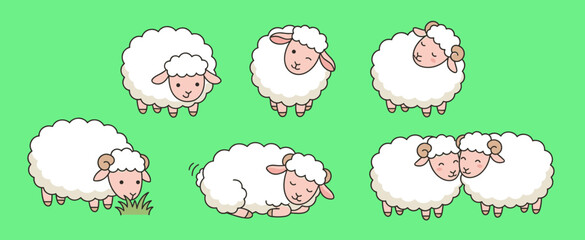 Collection of Cute Cartoon Sheep Characters in Different Poses and Activities: Grazing, Sleeping, and Cuddling Vector Set