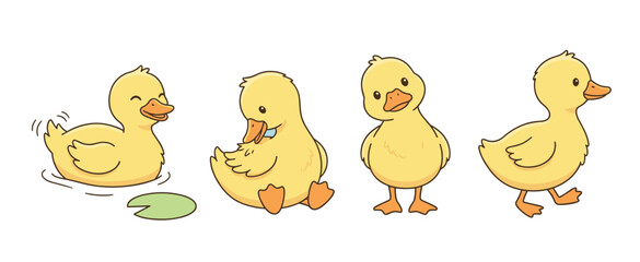 Adorable Yellow Duckling Cartoon Characters Set in Various Poses: Swimming, Walking, and Sitting Vector Illustration