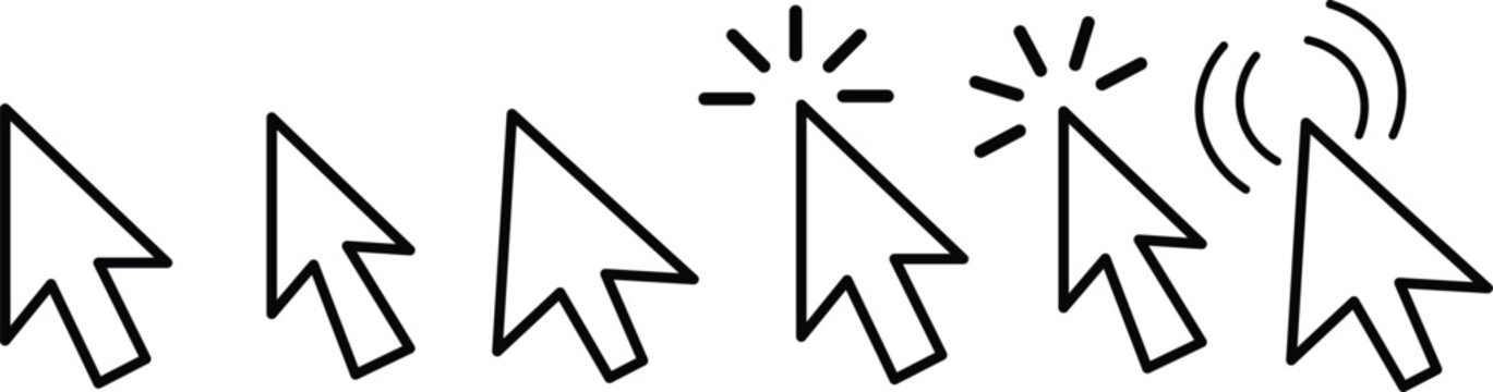 
Cursor mouse click icon set. Computer mouse click cursor gray arrow icons. hand pointer, click effect, arrow pointer, icons. Arrow click pixel cursor set. Mouse cursor pointer collection.

