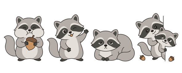 Cute cartoon raccoon characters set in various funny and expressive poses, including eating an acorn, waving, resting, and peeking from a corner, sweet vector illustration for children © 张锋