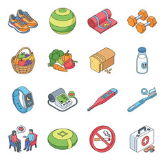 Isometric health, wellness, and medical icons set, including running shoes, yoga mat, dumbbells, healthy food, milk, smart watch, blood pressure monitor, and first aid kit, vector illustration