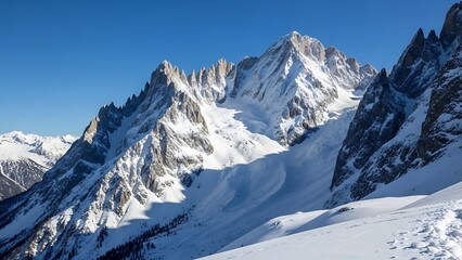 Obraz premium A winter ski resort in the Swiss Alps with snowy mountains and a clear blue sky