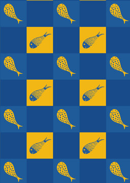 Motif r&eacute;p&eacute;titif de poissons stylis&eacute;s sur quadrillage &ndash; Design moderne et graphique pour textiles et cr&eacute;ations visuelles