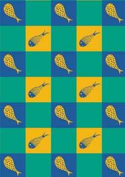 Motif r&eacute;p&eacute;titif de poissons stylis&eacute;s sur quadrillage &ndash; Design moderne et graphique pour textiles et cr&eacute;ations visuelles