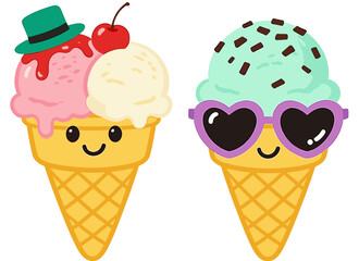 Set of Two Cute Cartoon Ice Cream Cones with Funny Faces and Accessories in Summer Theme Vector Illustration