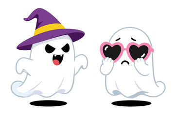 Set of Two Cute Cartoon Ghosts with Halloween-Themed Expressions and Accessories Vector Illustration