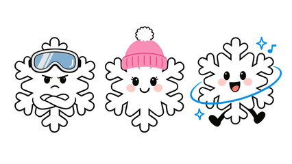 Set of Three Cute Cartoon Snowflakes with Different Expressions and Winter Accessories Vector Illustration