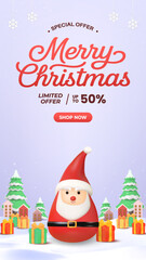 Vertical Merry Christmas Special Offer Banner With Santa Claus, Gifts, Snow, And Winter Town Scene