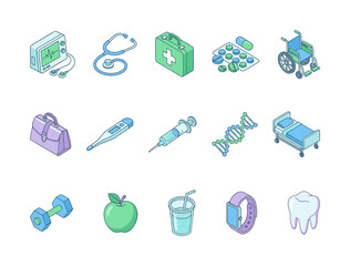Large Collection of Isometric Healthcare, Medical, and Wellness Icons Vector Illustration on White Background