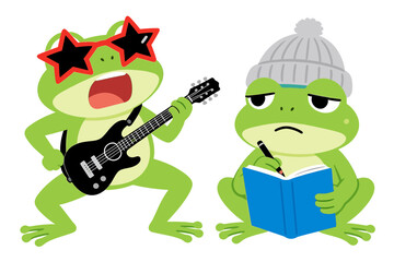 Two Funny Cartoon Frogs with Different Activities: Rock Star Playing Guitar and Serious Writer Vector Illustration