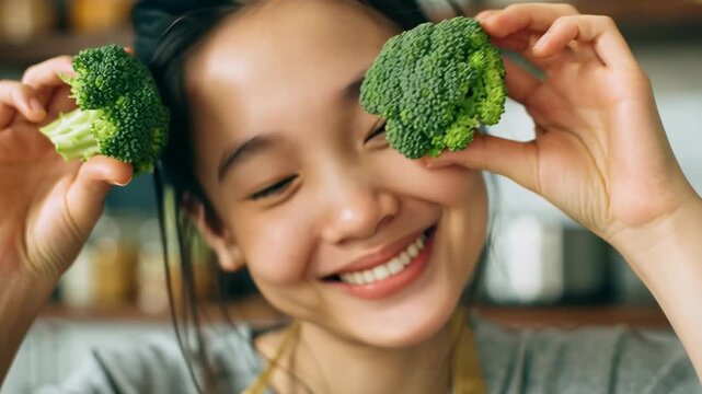 Happy young woman enjoying fresh broccoli and healthy living lifestyle in her kitchen at home
