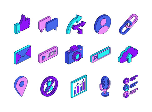 Collection of Modern Isometric Social Media and Communication Vector Icons in Trendy Neon Colors