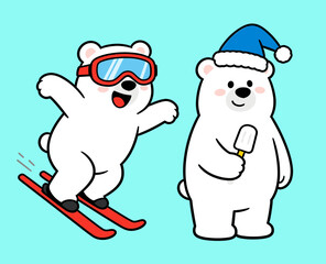 Two Cute Cartoon Polar Bear Characters Skiing and Eating Popsicle on Blue Background Vector Illustration