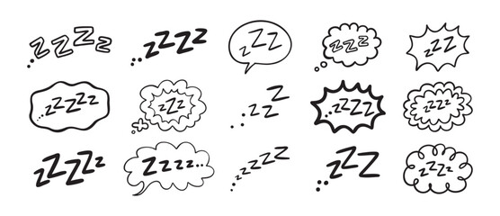 Zzz Zzzz bed sleep snore sound bubble set, snooze nap Z sound icon cloud set. Sleepy Zzz doodle hand drawn line icons