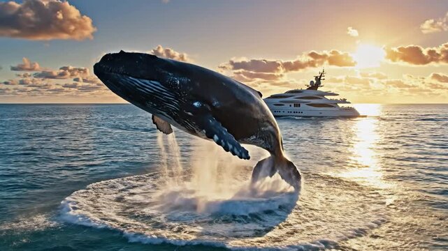 Majestic whale breaching from ocean at glowing sunrise, droplets sparkling midair, golden sky reflections, dramatic slow-motion wildlife moment, serene marine atmosphere, cinematic 4K HD video