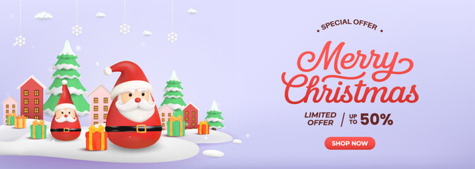 Merry Christmas Scene With Santa Claus, Gifts, And Festive Village Under Snowy Sky