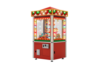 Christmas claw machine arcade game with colorful lights and decorations, isolated on a transparent background