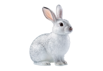 White fluffy rabbit sitting upright with alert posture, isolated on a transparent background