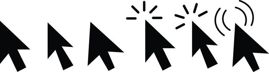 
Cursor mouse click icon set. Computer mouse click cursor gray arrow icons. hand pointer, click effect, arrow pointer, icons. Arrow click pixel cursor set. Mouse cursor pointer collection.
