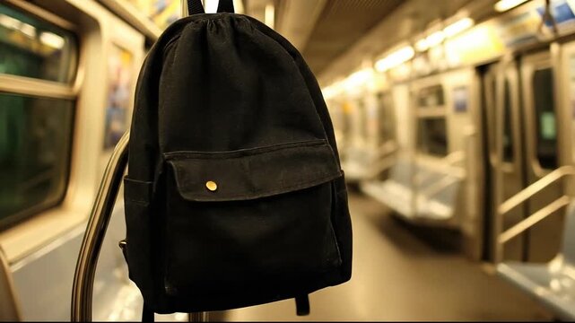 Black backpack hanging on a subway train, travel and commuting concept.