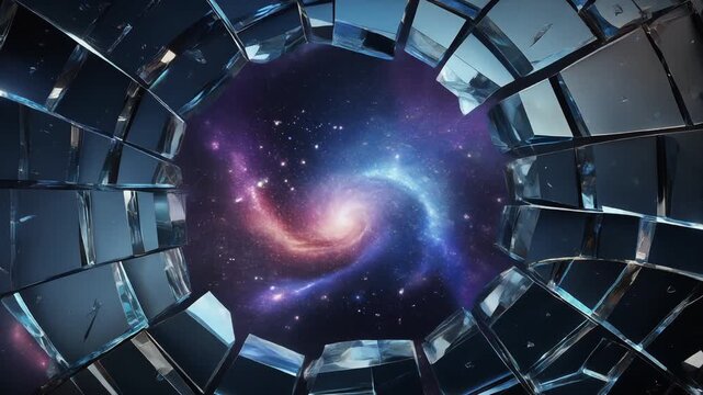 Abstract portal opening reveals a colorful spiral galaxy framed by dark, reflective geometric glass fragments.
