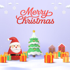 Merry Christmas Scene With Santa Claus, Christmas Tree, Gifts, And Cozy Village