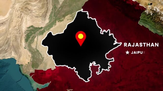 Rajasthan state map highlight animation on India map, Rajasthan outlined with location pin and Jaipur capital marker, geographic map presentation for news, education, and regional information content
