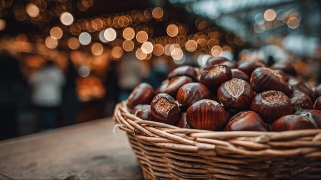 A basket full of chestnuts at a Christmas market, with bokeh lights in background.