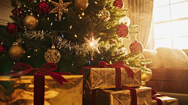 Ambient cinematic shot of golden hour light streaming through a window onto a heavily decorated pine Christmas tree and stacked presents heavily decorated, home decor, streaming through